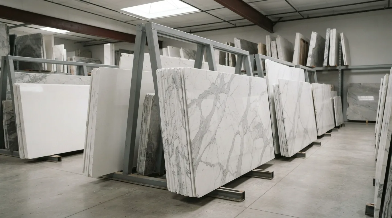 Polished quartz slabs in plain white and veined grey patterns standing upright on racks in a stone showroom