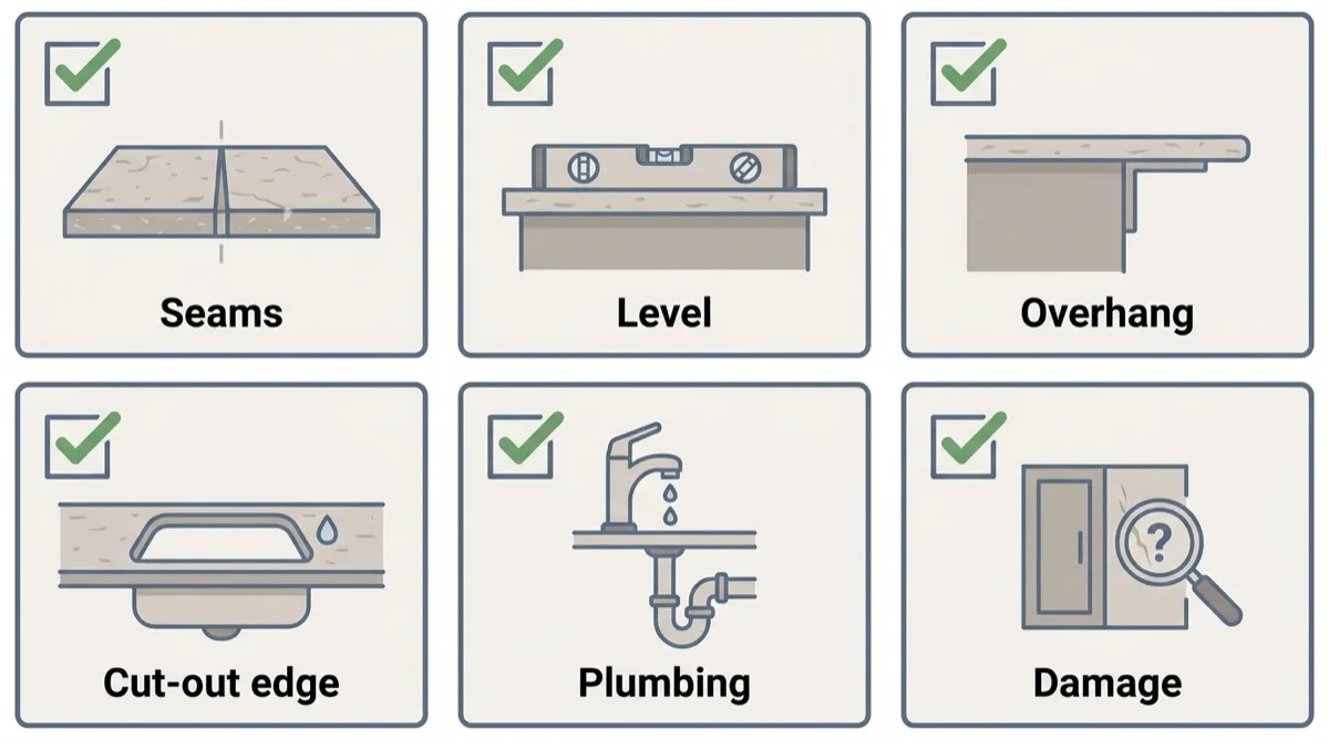 Flat vector checklist of six countertop sign-off checks shown as icons: seams, level, overhang support, cut-out edges, plumbing and cabinet or wall damage