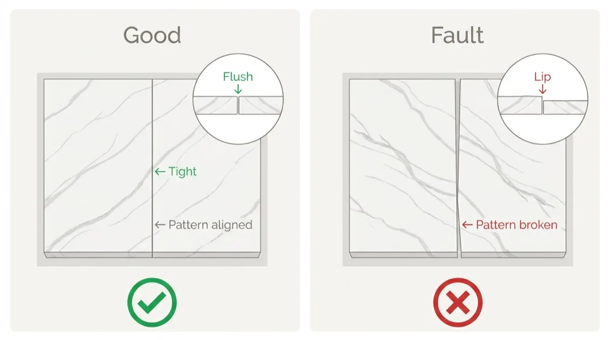 Side-by-side close-up diagram of a countertop seam: on the left a good seam that is flush and tight with the veining aligned, on the right a bad seam with one slab lipped higher than the other and the pattern broken