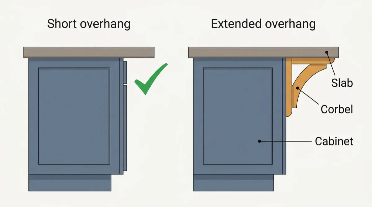 Side-view diagram of two kitchen island cabinets with stone tops: a short overhang resting on the cabinet with no support, and an extended overhang held up by a wooden corbel fixed to the cabinet side