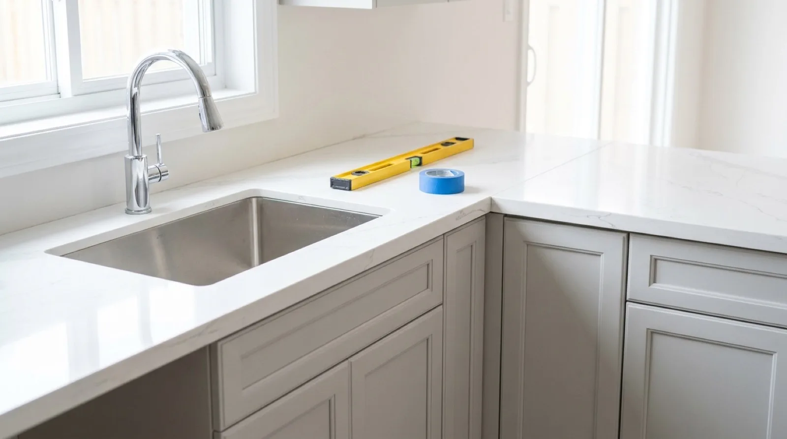 A newly installed white quartz countertop with an undermount stainless sink in a bright Toronto-area kitchen, a spirit level and a roll of blue painter's tape resting on the counter
