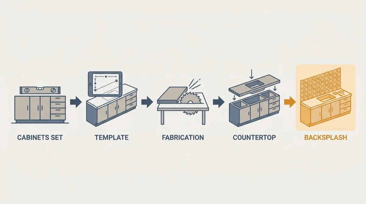 Flat vector sequence of a kitchen fit-out from cabinets through template and fabrication to countertop installation and finally the backsplash