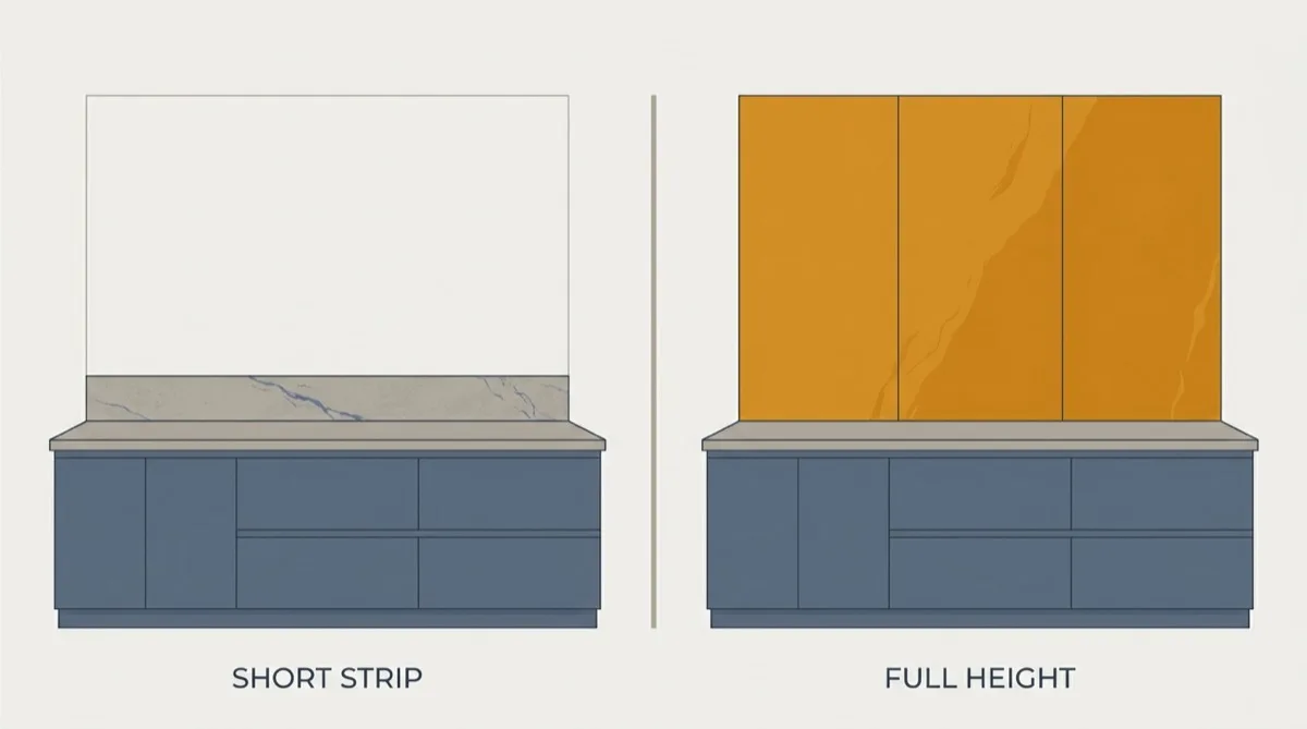 Flat vector comparison of a short backsplash strip standing on the counter against a full height slab backsplash running up the wall