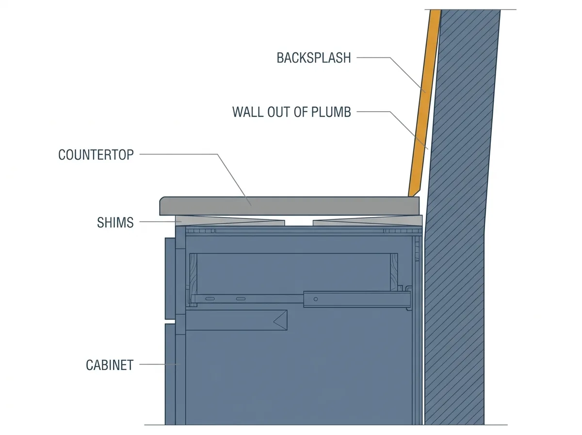 Cross-section through a countertop against an out of plumb wall showing shims under the stone and the backsplash scribed to the finished counter surface
