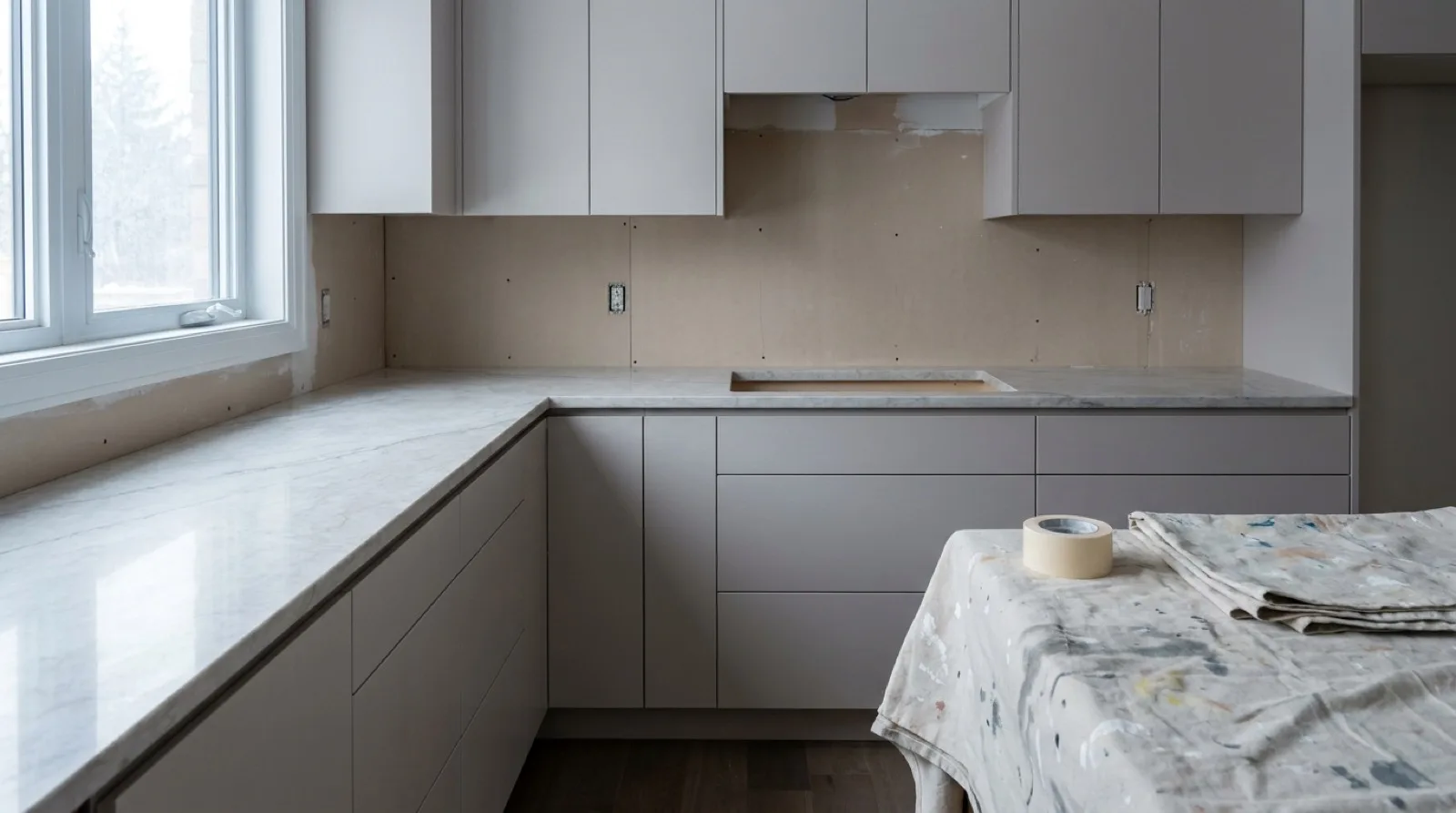 A finished stone countertop installed on new kitchen cabinets with the wall above it still bare drywall, waiting for a backsplash