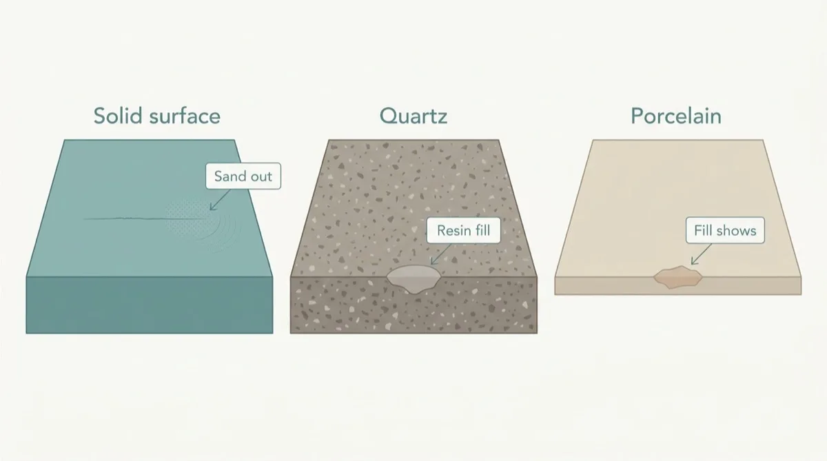 Flat vector comparison of three countertop slabs: solid surface with a scratch sanded out, quartz with a resin-filled edge chip, and thin porcelain with a visible edge fill