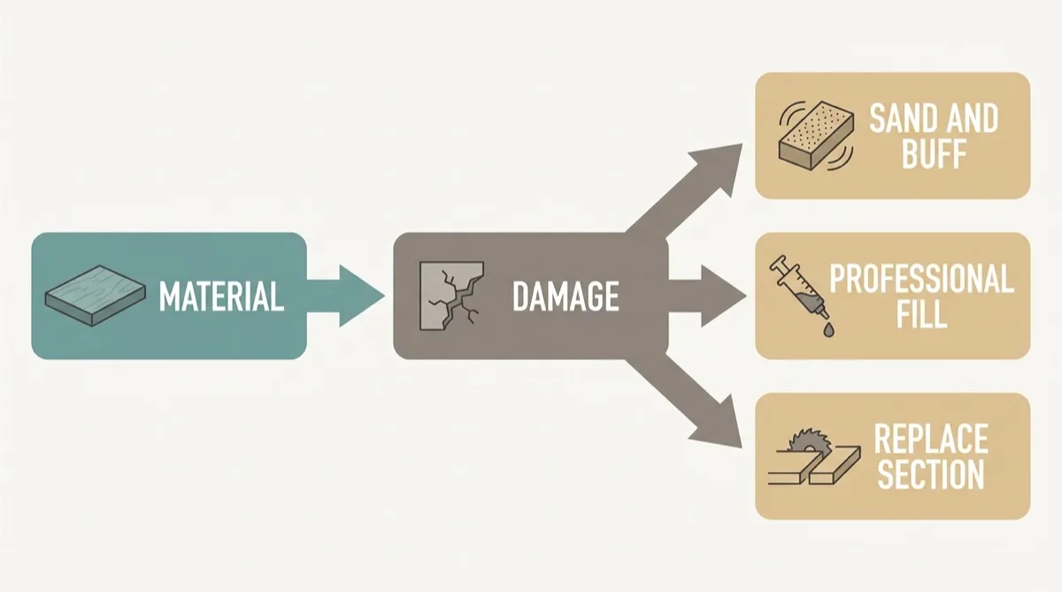 Flat vector decision flow from material to type of damage, branching to sand and buff, professional fill, or replace section