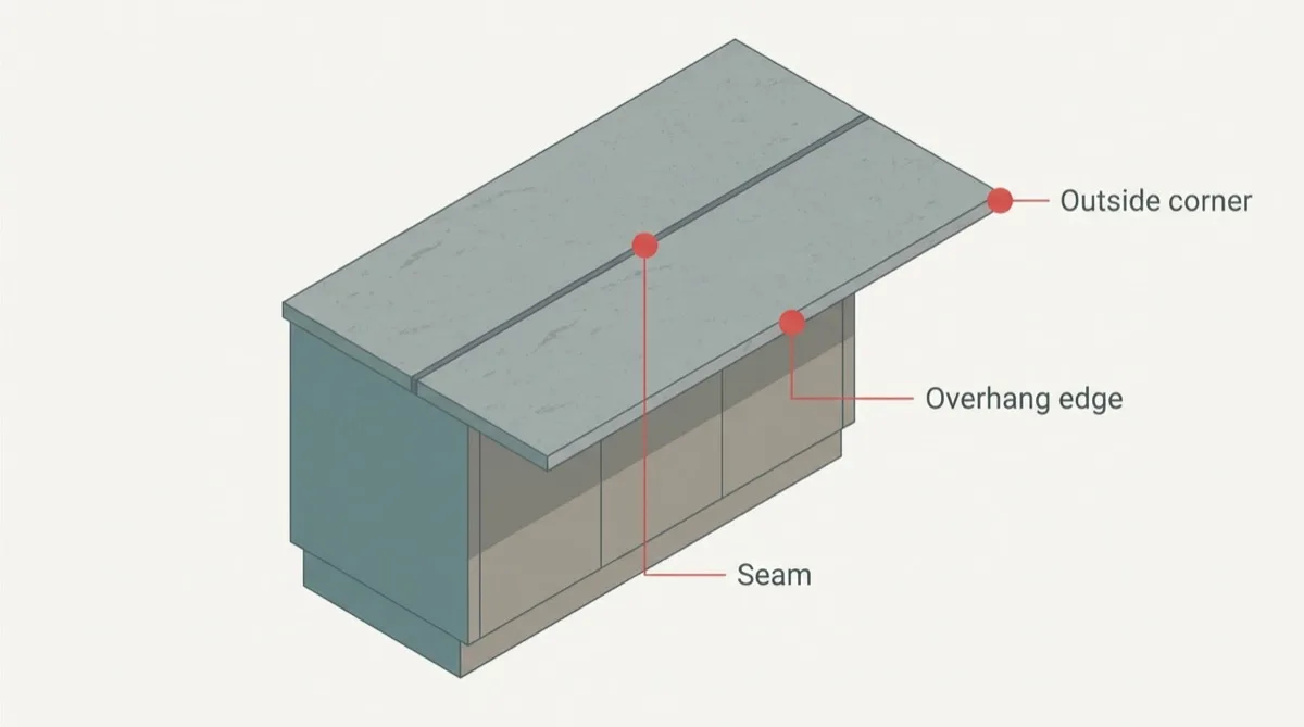Flat vector isometric kitchen island top with markers on the outside corner of the overhang, the overhang edge and the seam between two slab pieces