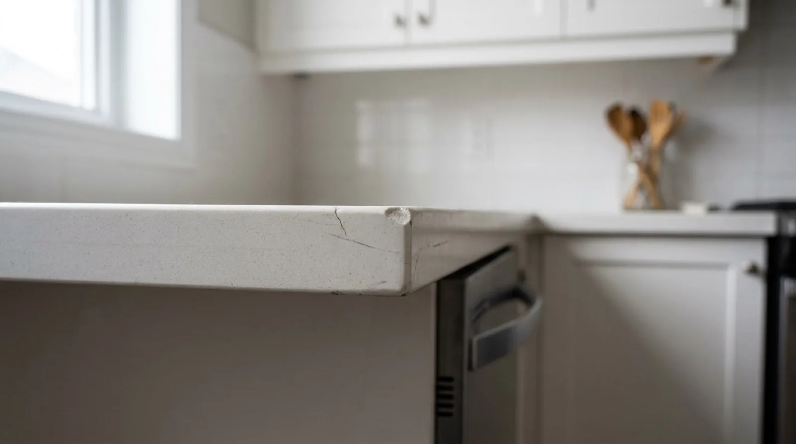 Close view of a pale quartz kitchen countertop edge with a small chip and fine cracks at the corner, lit by soft daylight from a window