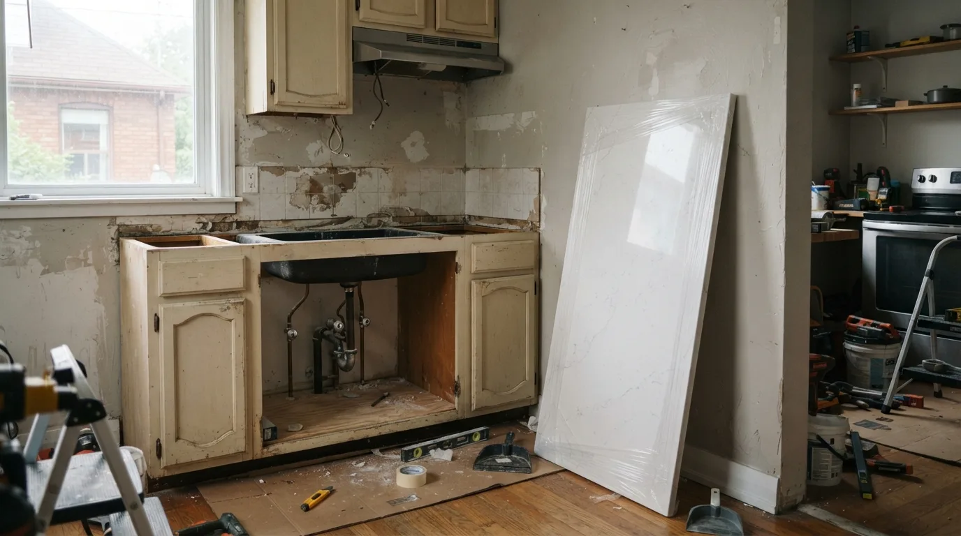 A kitchen mid-renovation with the old countertop removed, bare base cabinets and plumbing valves under the sink opening, and a new quartz slab waiting against the wall