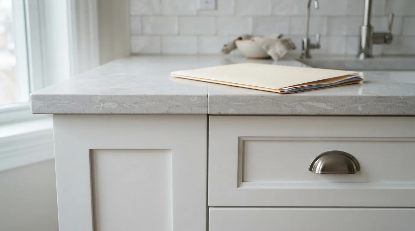 A quartz countertop seam over white cabinets with a closed paper folder resting on the counter