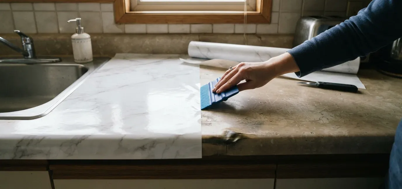 A worn laminate countertop being covered by hand with a marble-look adhesive film, with a swollen front edge still visible on the uncovered part