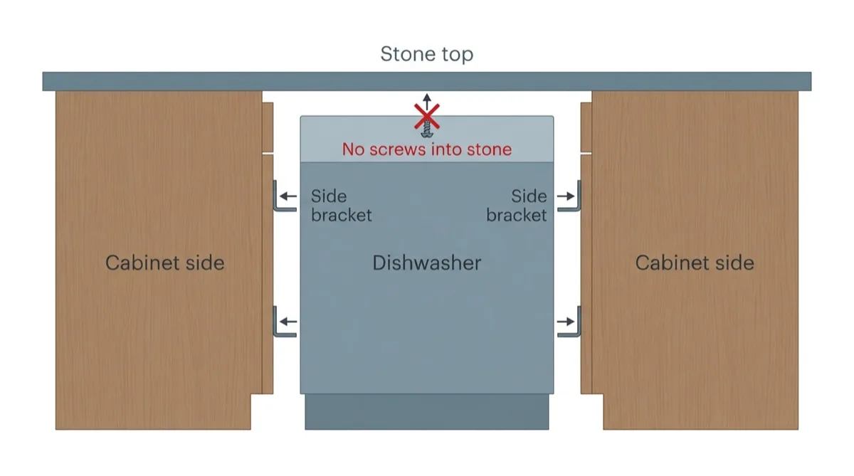 Flat vector cross-section of a dishwasher opening with the stone countertop above and mounting brackets fixed into the cabinet sides