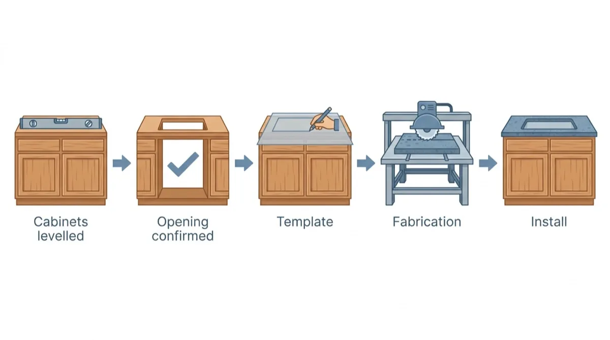 Flat vector process flow from cabinets set and levelled, to appliance opening confirmed, template, fabrication and install
