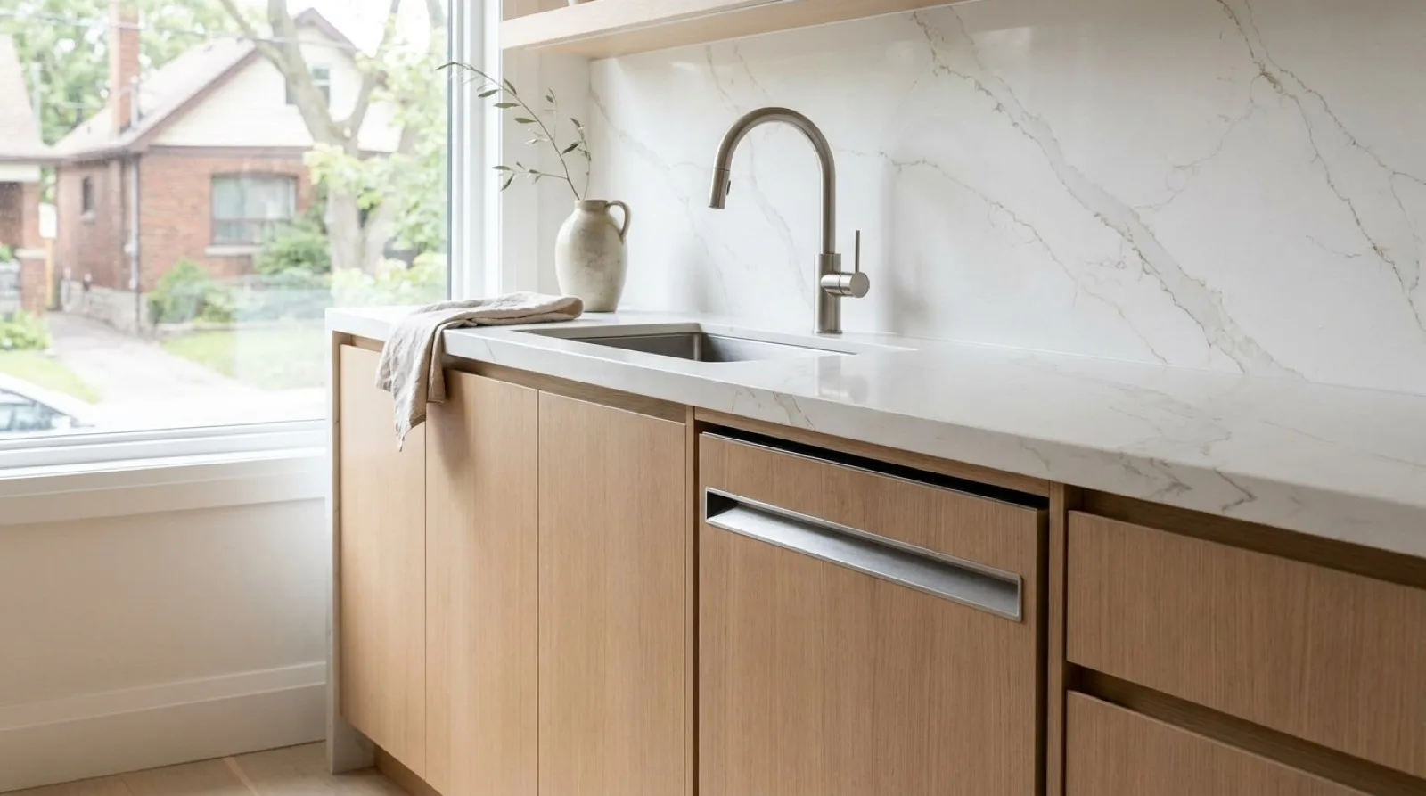 A finished kitchen with a white quartz countertop running over a built-in dishwasher with its panel door closed, lit by daylight from a window