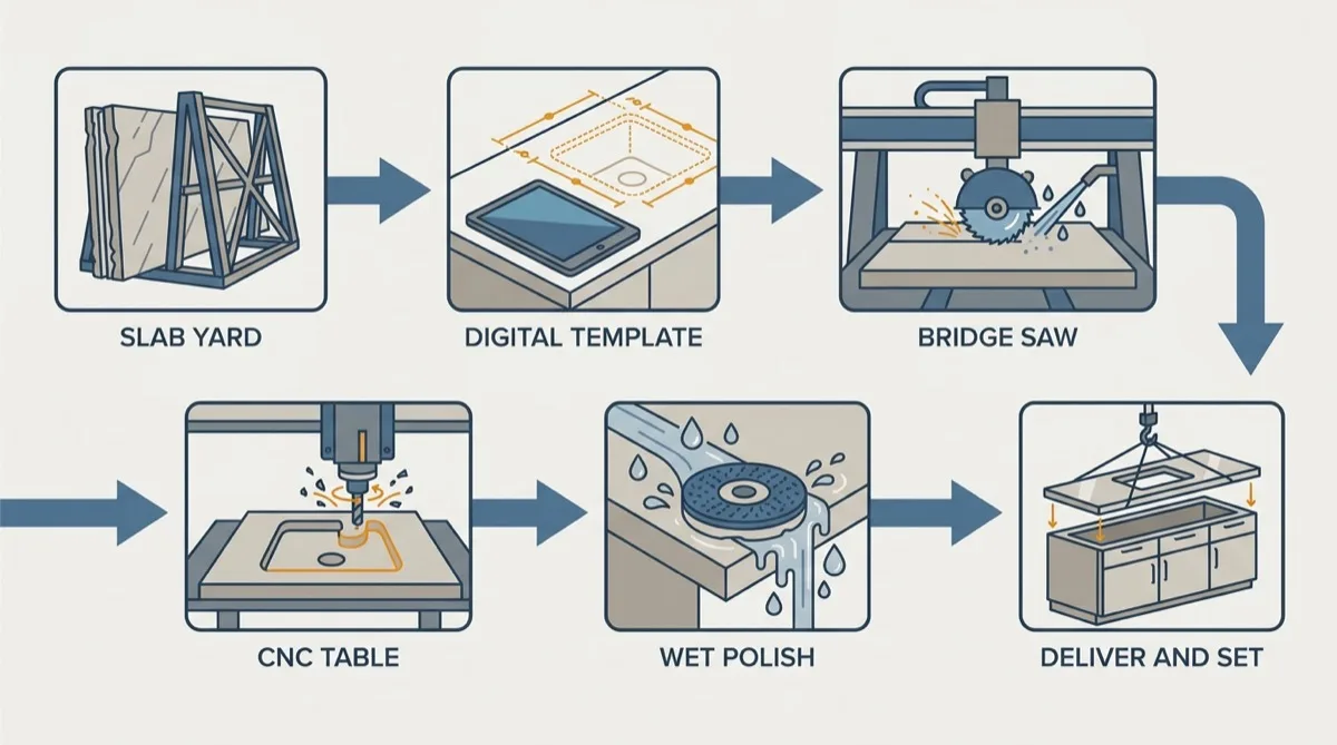 Flat vector process flow of granite countertop fabrication from slab yard through digital template, bridge saw, CNC table and wet polish to delivery and setting