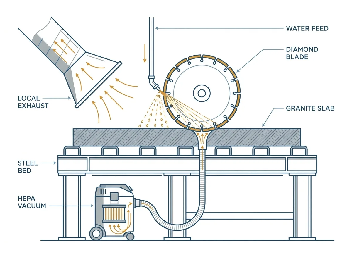 Technical cutaway of a wet-cutting stone fabrication station showing the water feed to the blade, a local exhaust hood and a HEPA vacuum at the slab