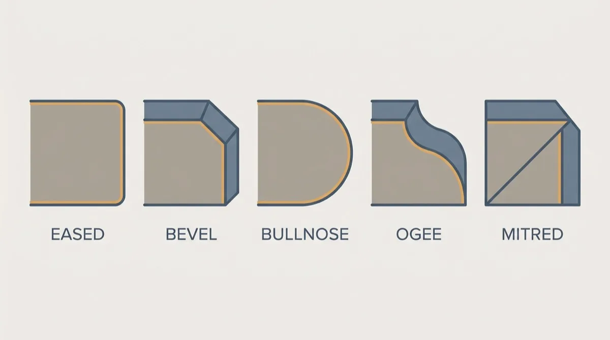 Flat vector comparison of five stone countertop edge profiles shown in cross-section: eased, bevel, bullnose, ogee and mitred