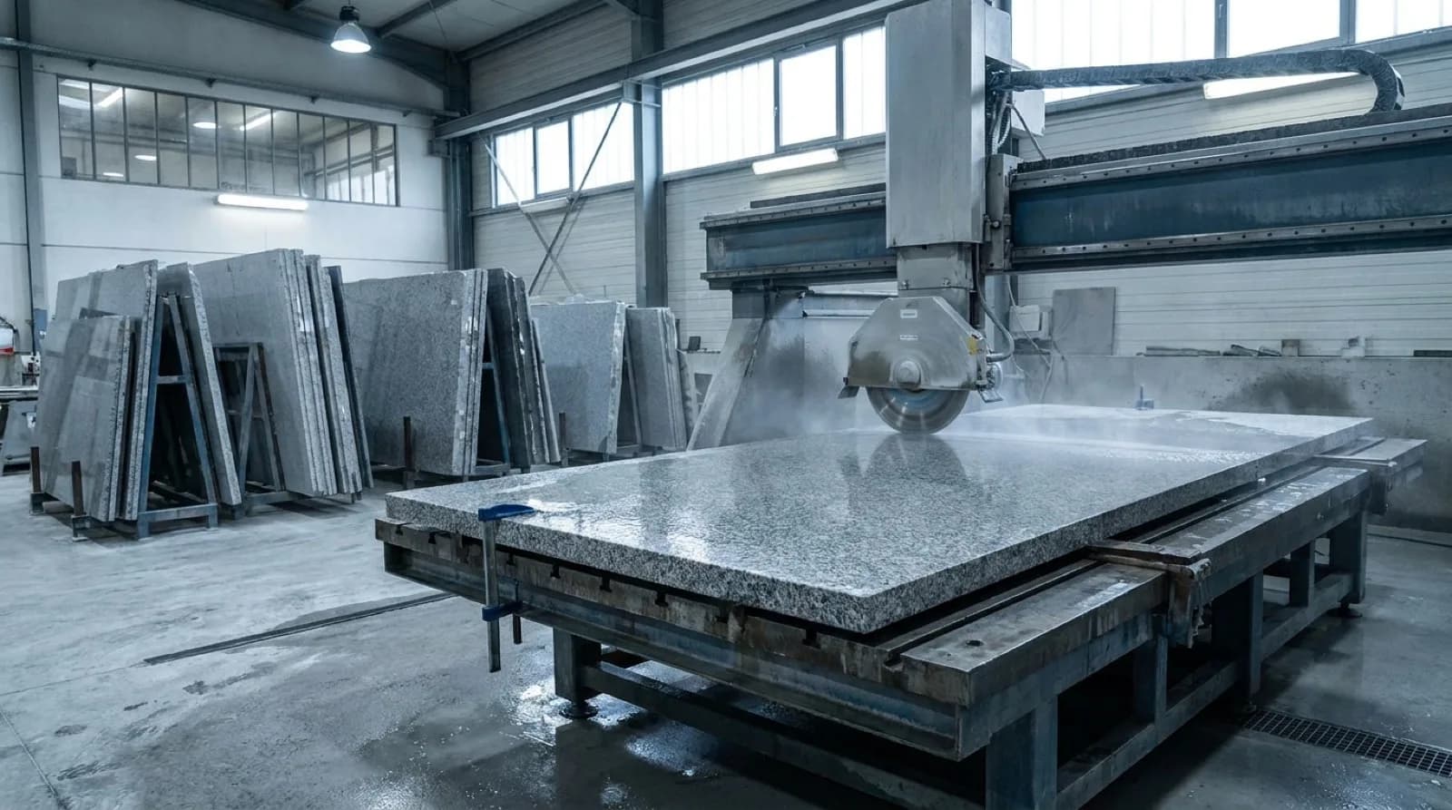 A large granite slab clamped on a wet bridge saw inside a stone fabrication shop, water spraying from the diamond blade