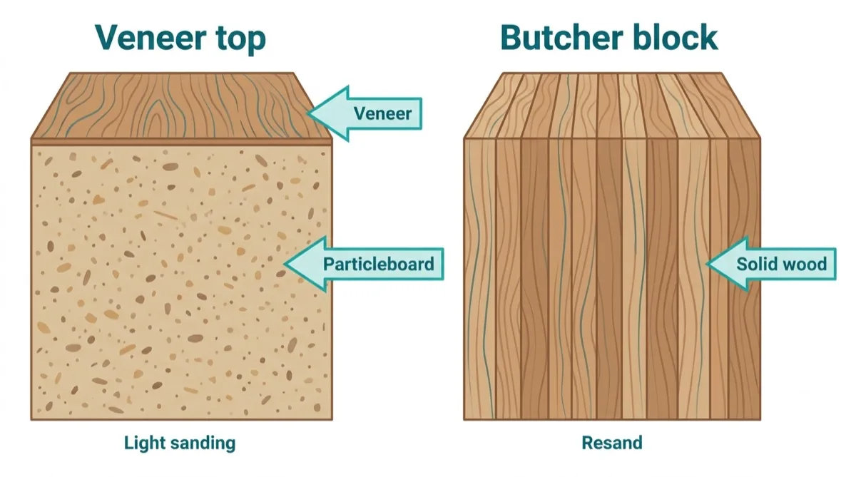 Side-by-side cutaway of two countertop edges: a thin wood veneer skin over a particleboard core on the left, and solid glued wood strips on the right