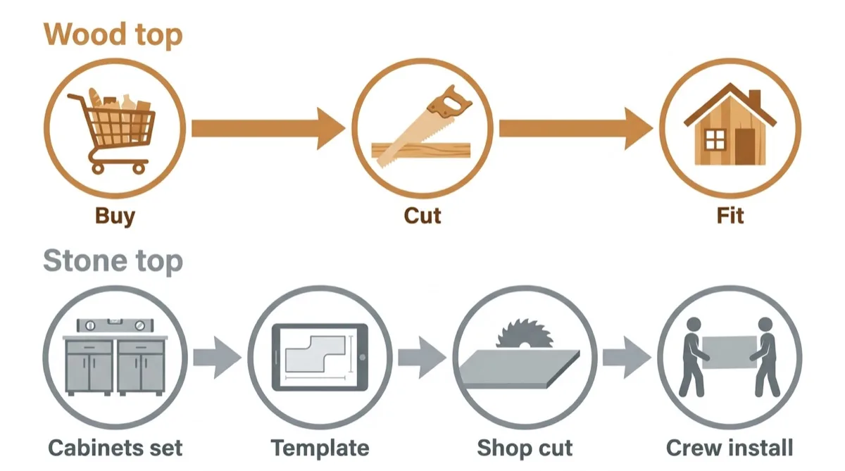 Two-lane process diagram: the wood route goes buy, cut, fit; the stone route goes cabinets set, template, shop cut, crew install