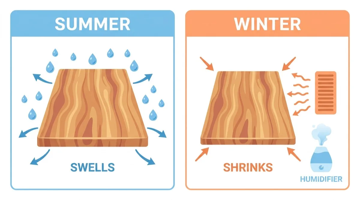 Two panels of a wood countertop: in summer, humid air and outward arrows show the wood swelling; in winter, a radiator and inward arrows show it shrinking, with a humidifier beside it