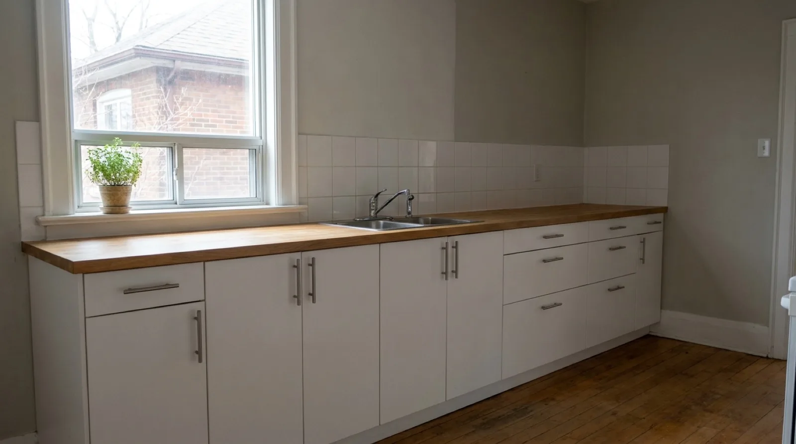 A bright kitchen in an older brick-neighbourhood house, with a run of plain white slab-door base cabinets, a light wood countertop and daylight from a window