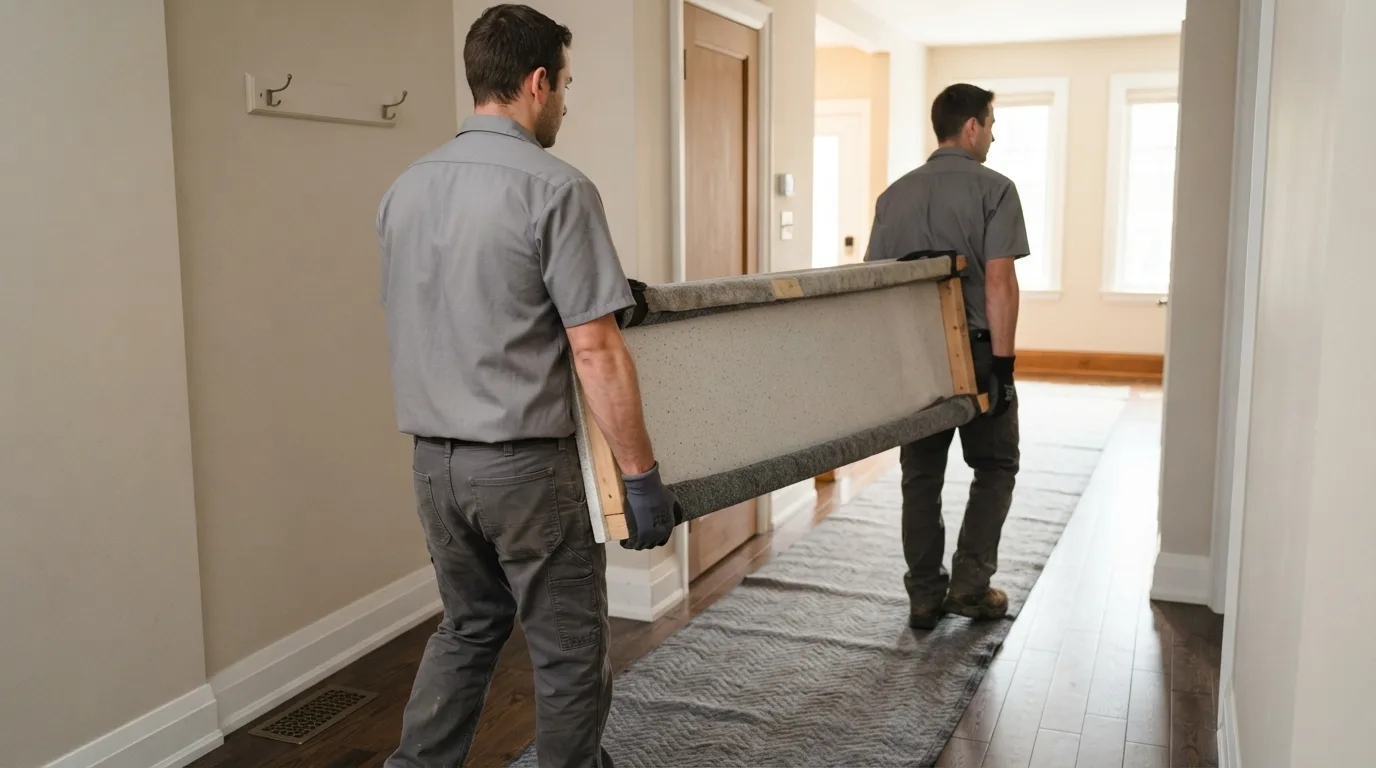 Two installers in work gloves carrying a stone countertop section along a protected hallway floor in a home