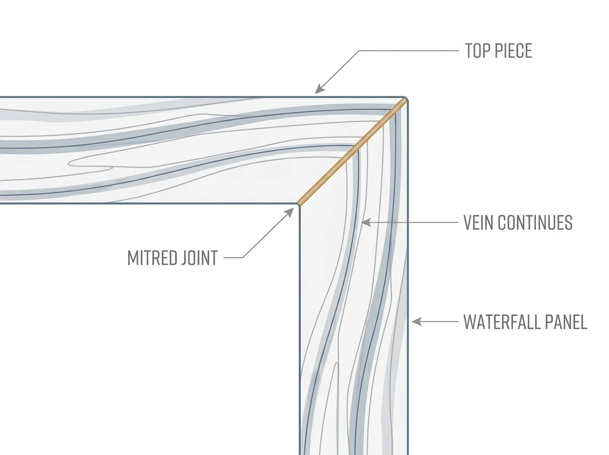 Cross-section of a mitred waterfall corner showing the forty five degree cut on both pieces and the veining aligned across the joint
