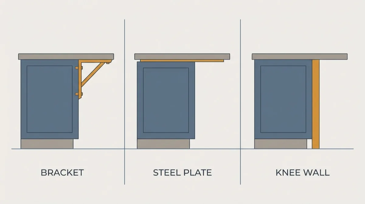 Flat vector comparison of three ways to support a seated island overhang: a steel bracket, a flat steel plate set into the cabinet top, and a knee wall