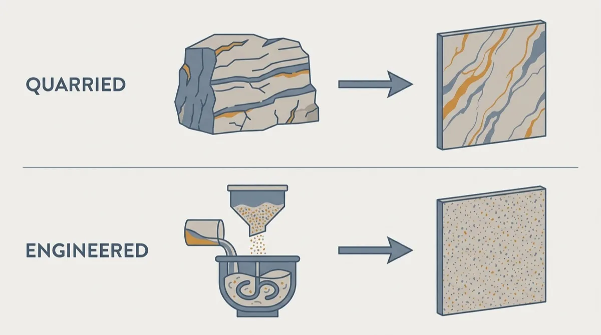 Flat vector comparison of how the two materials are made: a quarried block sawn into veined slabs, against ground quartz mixed with resin and pressed into an even slab