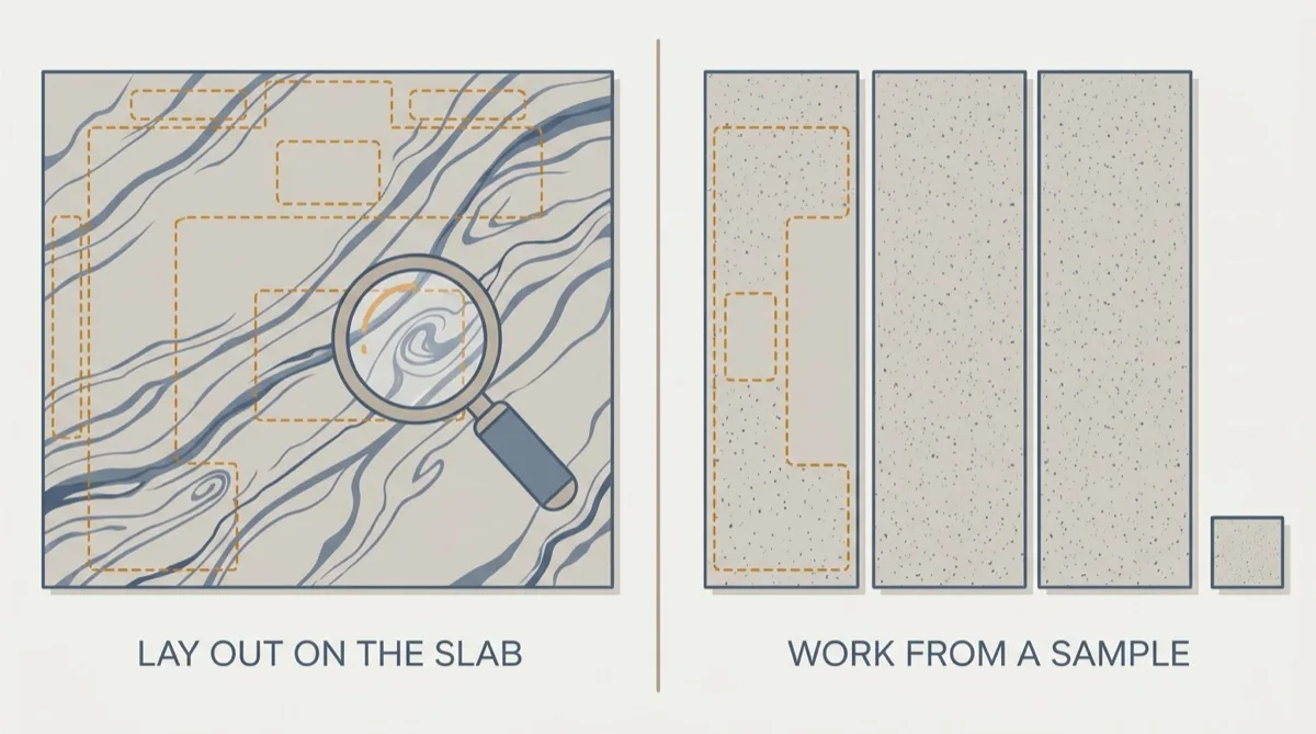Flat vector diagram contrasting a layout drawn against the actual veining of one quarried slab with a layout drawn from a sample chip of a repeatable engineered pattern