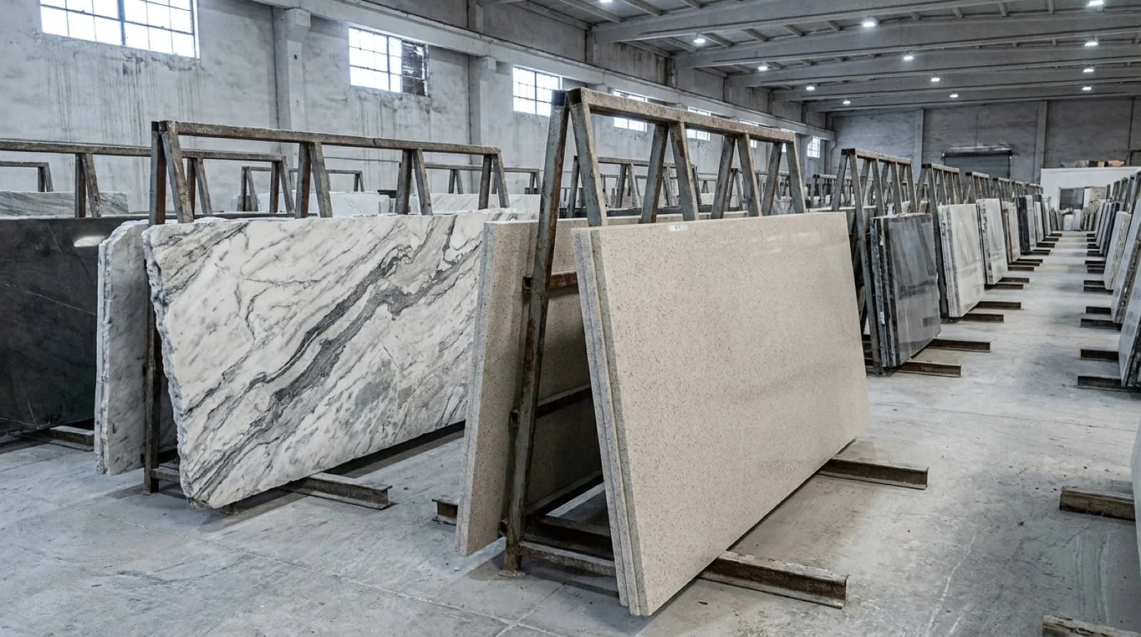 Stone slabs standing upright on steel A-frame racks in a slab yard, a heavily veined quarried slab beside an evenly speckled engineered slab