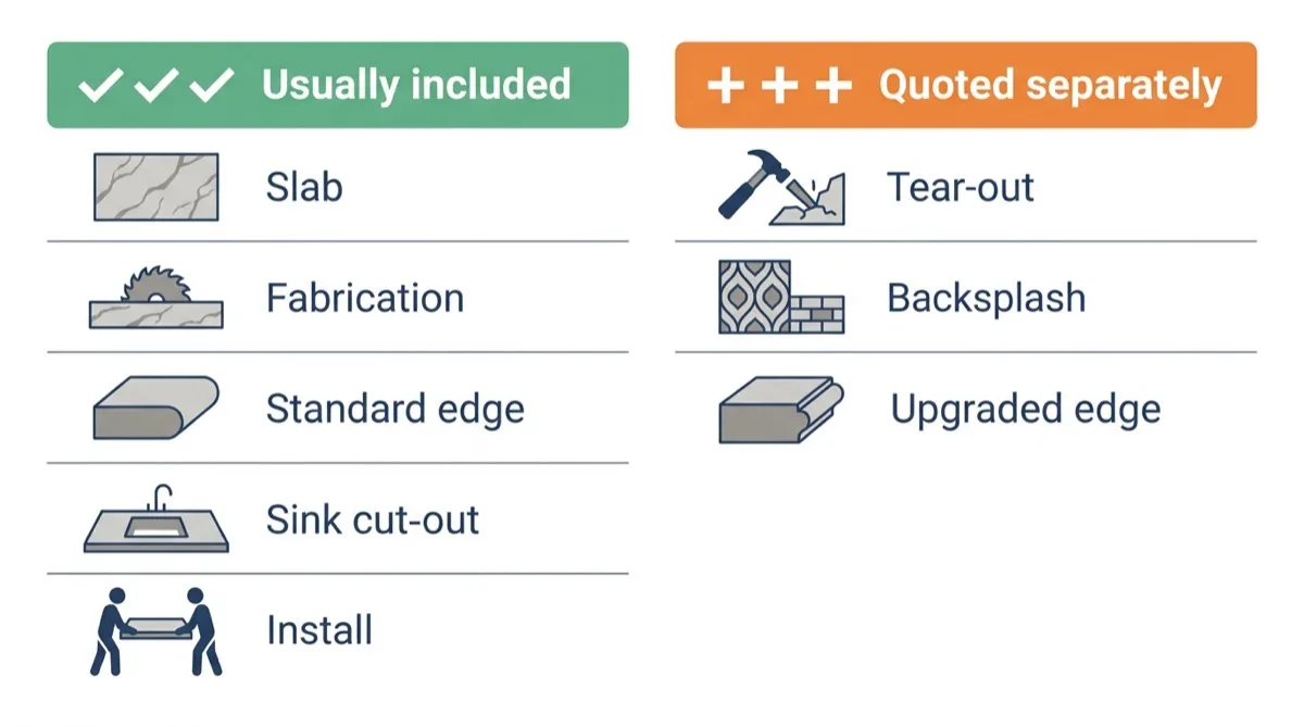 Diagram splitting a countertop rate into what it usually covers (slab, fabrication, standard edge, sink cut-out, install) and what is quoted separately (tear-out, backsplash, upgraded edge)