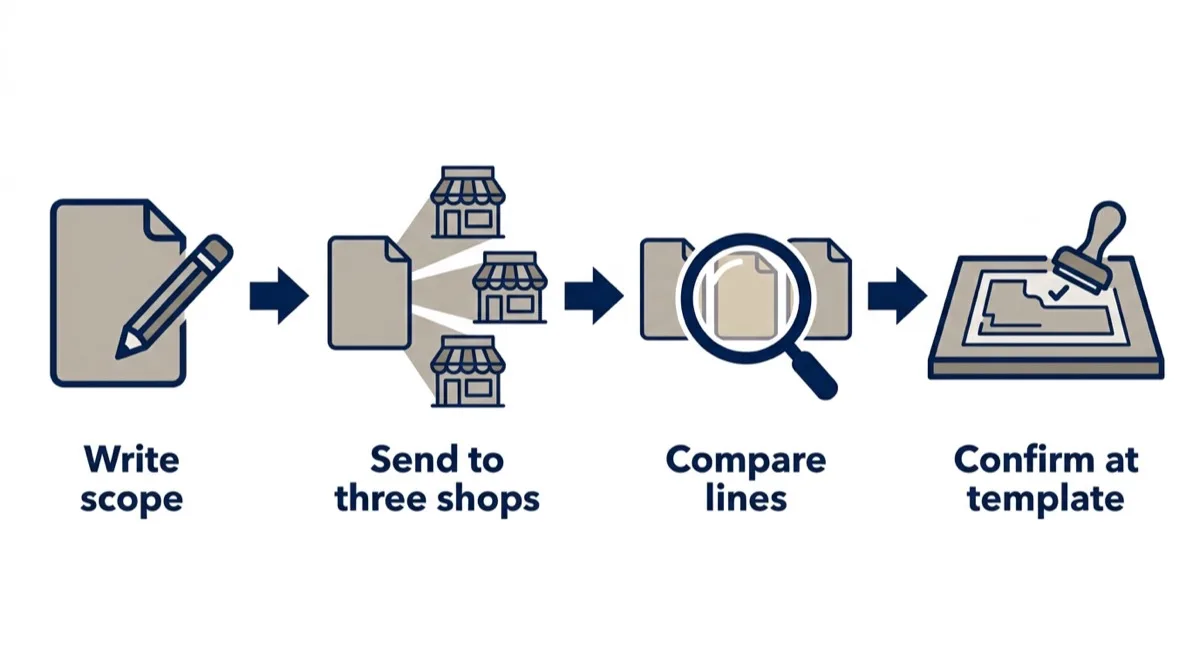 Four-step flow: write one scope sheet, send the same sheet to three shops, compare the quotes line by line, confirm the price at template