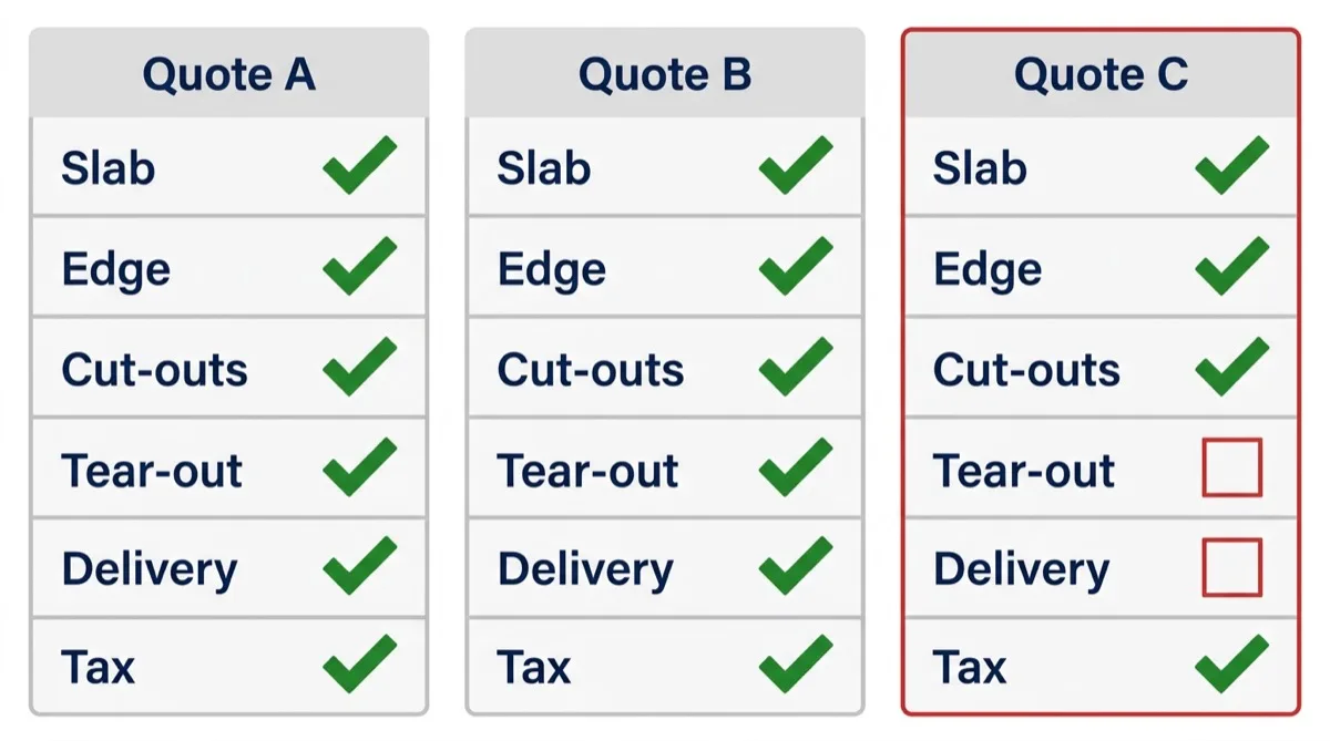 Three quote cards side by side with rows for slab, edge, cut-outs, tear-out, delivery and tax; two cards are fully ticked and the third has empty rows for tear-out and delivery