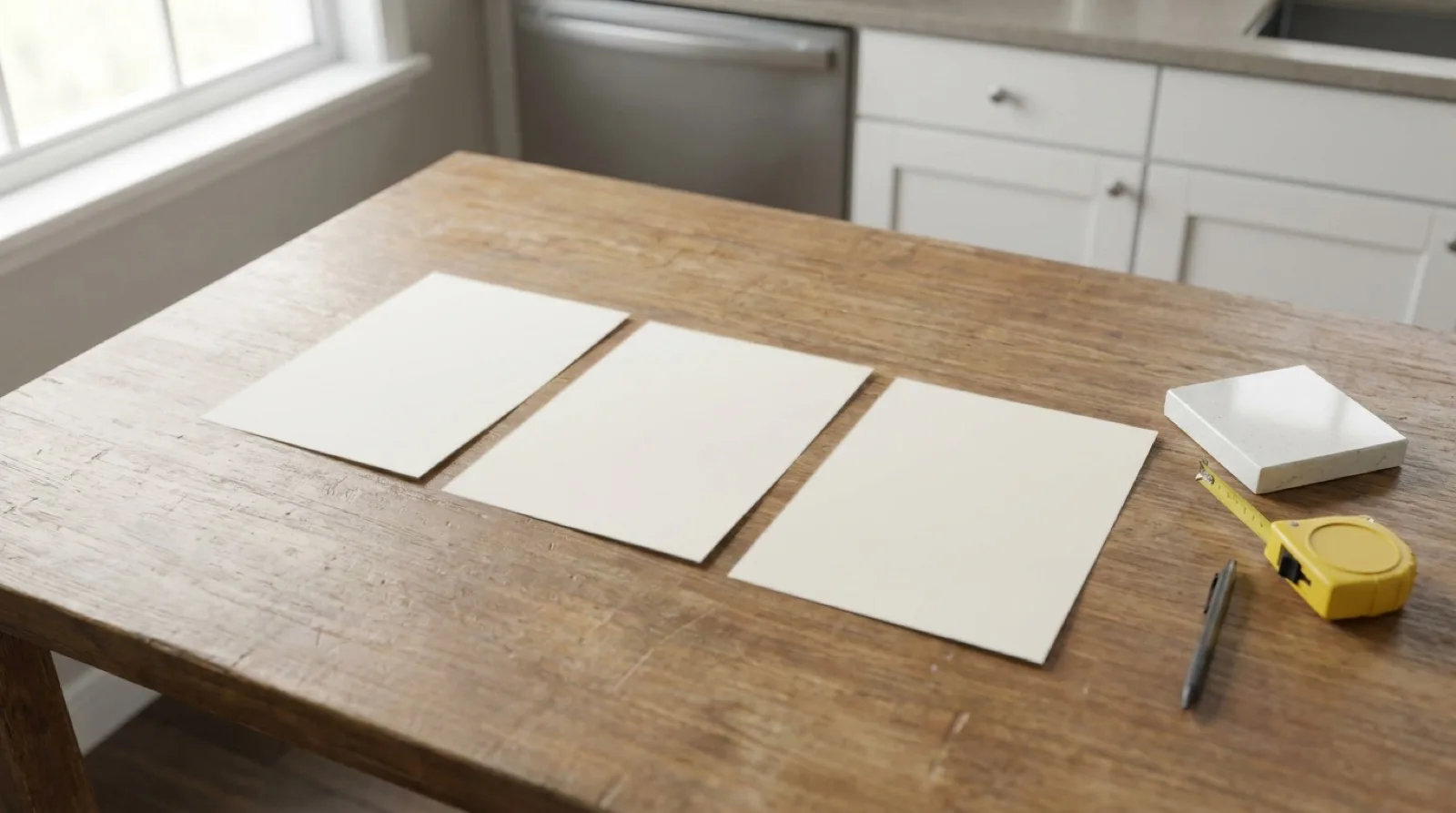 Three blank sheets of paper laid side by side on a wooden kitchen table beside a white quartz sample, a tape measure and a pen, in soft window light