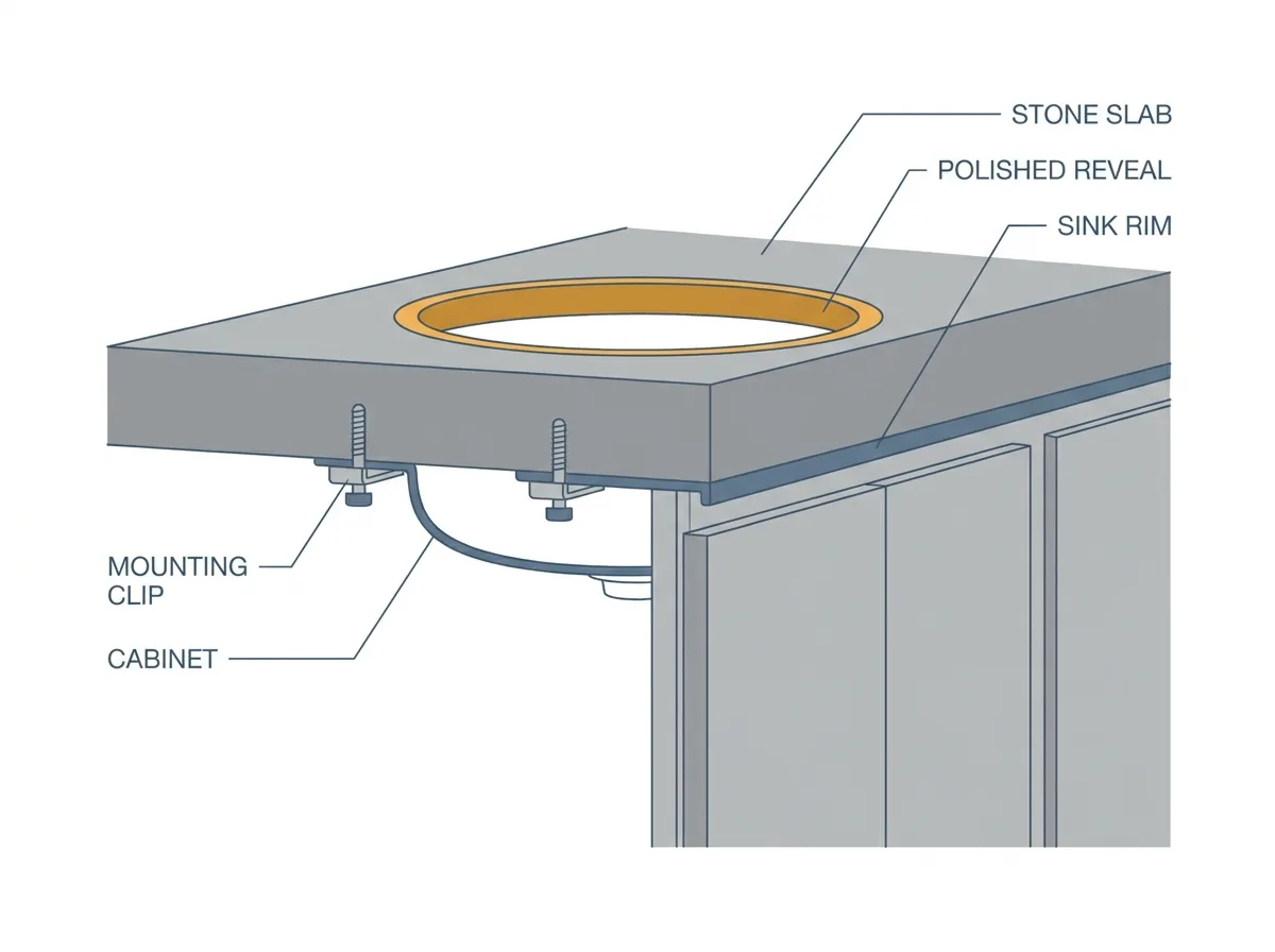 Cutaway of a stone countertop with an undermount sink beneath it, the polished reveal of the machined opening picked out, with mounting clips under the slab and the cabinet below