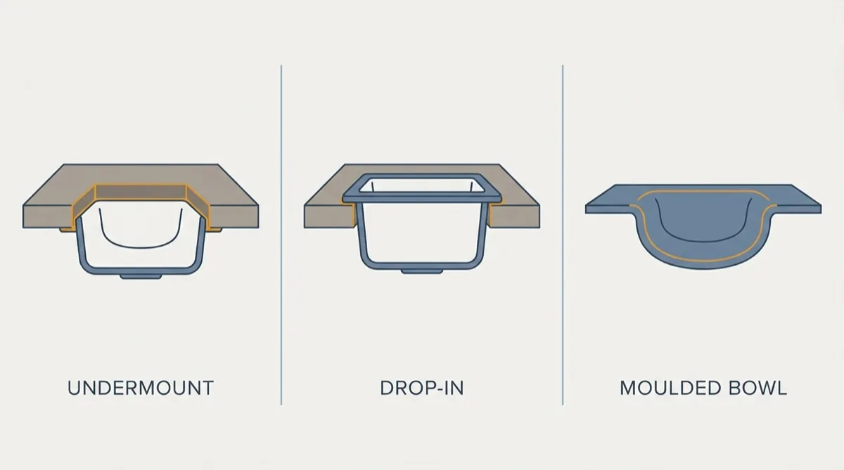 Flat vector comparison of three sink mountings in cross-section: undermount below the stone, drop-in with a rim over the opening, and a moulded integrated bowl