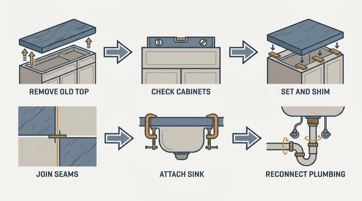 Flat vector sequence of countertop installation day: old top removed, cabinets checked, new pieces set and shimmed, seams joined, sink attached, plumbing reconnected last