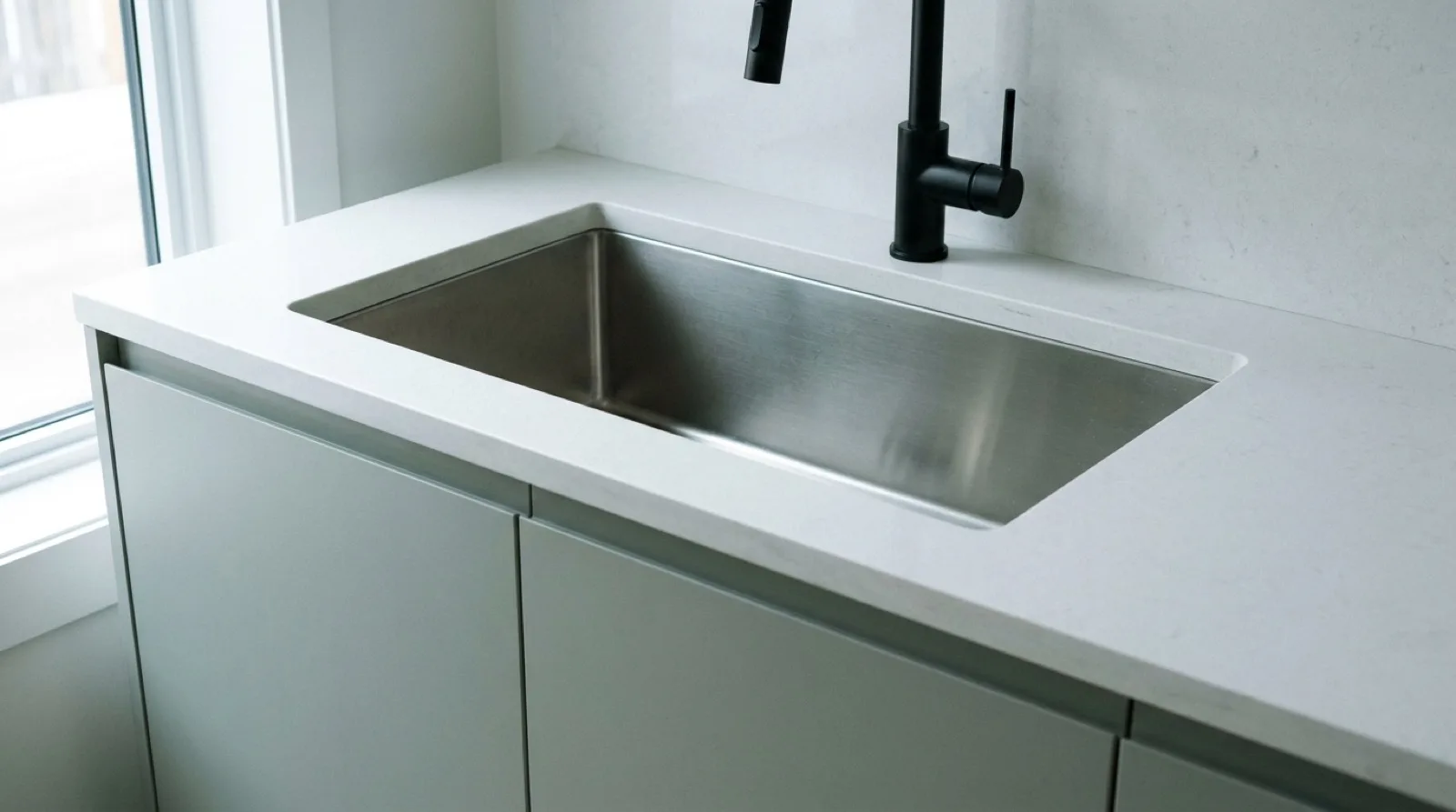 A stainless steel undermount sink set into a pale quartz countertop in a contemporary Toronto kitchen, seen from just above the counter
