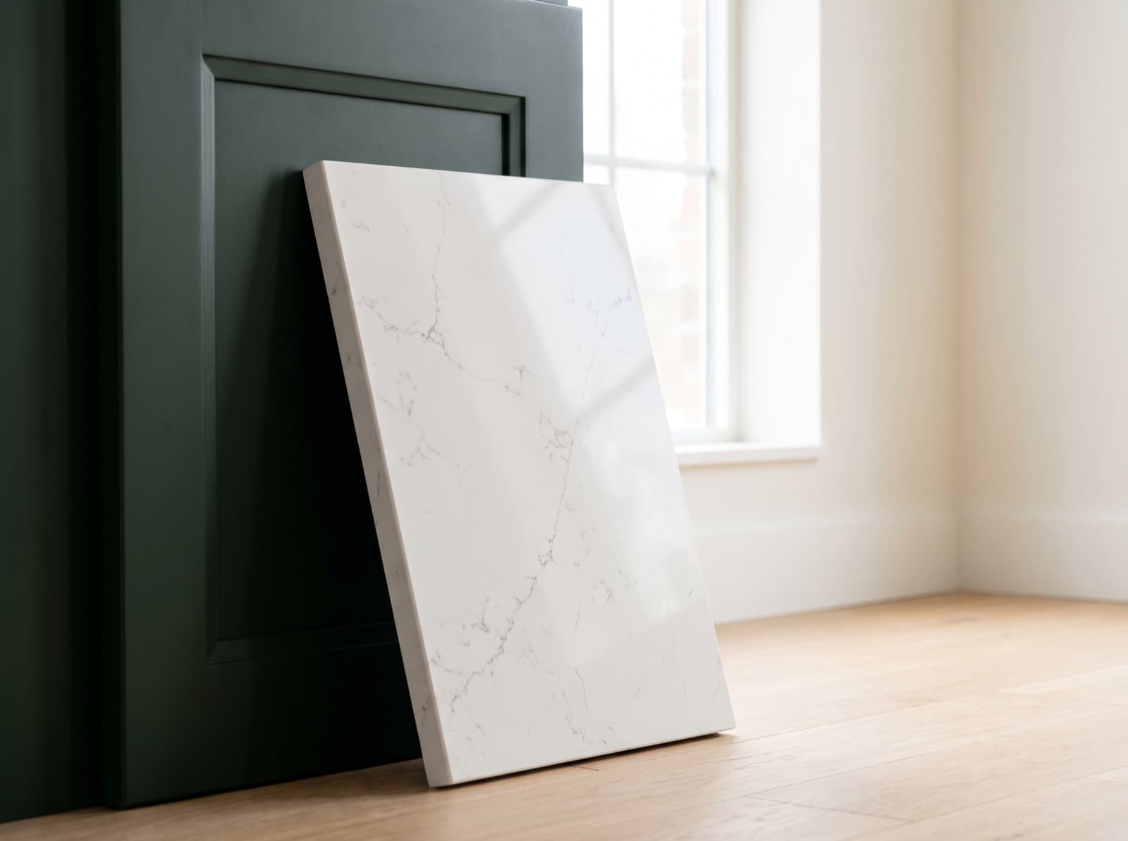 A rectangular white quartz sample slab with fine grey veining, standing upright and leaning against a deep green shaker cabinet door on a pale wood floor, window light falling across its polished face.