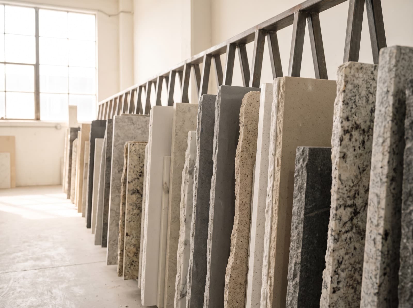 A long row of stone slabs stood on edge in an A-frame rack in a daylit fabrication shop, granites, marbles and engineered slabs seen down the row along their cut edges.